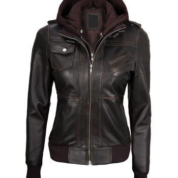 Stylish Dark Brown Leather Jacket for Women with Removable Hood in france style