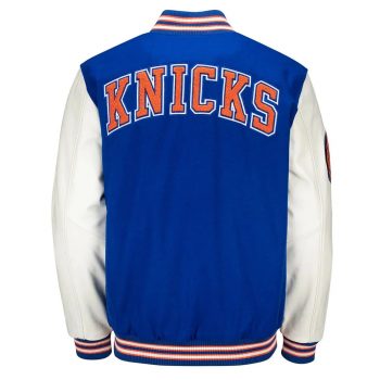 back view Prospect NY Knicks Blue Varsity Jacket