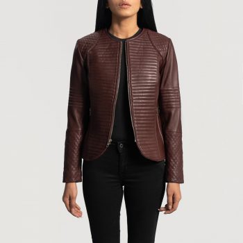 Quilted Maroon Leather Jacket  in USA