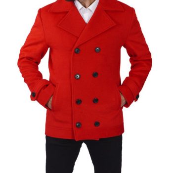 Red double-breasted wool peacoat for men in USA