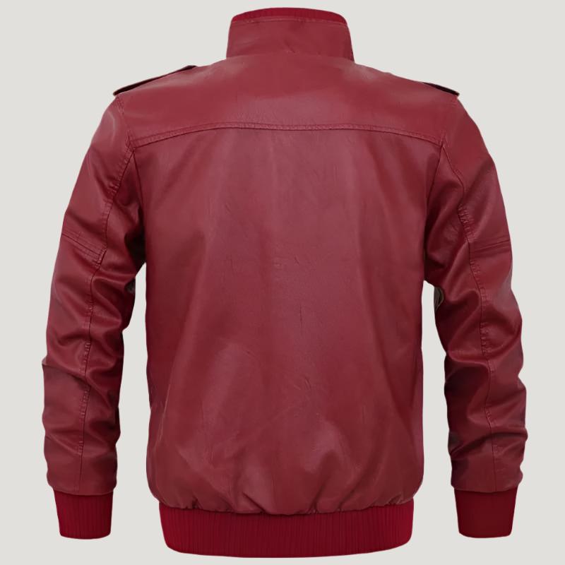 chouyatou_Mens_Casual_Full_Zip_Lightweight_Moto Trendy leather red bomber jacket with ribbed cuffs in American style