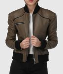 Shop Ribbed Elegance Women Olive Bomber Leather Jacket 1 Betty-Womens-Brown-Bomber-Leather-Jacket-1