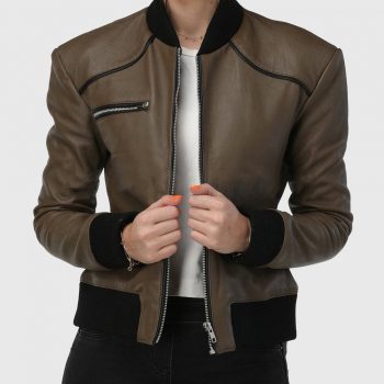Ribbed Elegance Women Olive Bomber Leather Jacket in usa