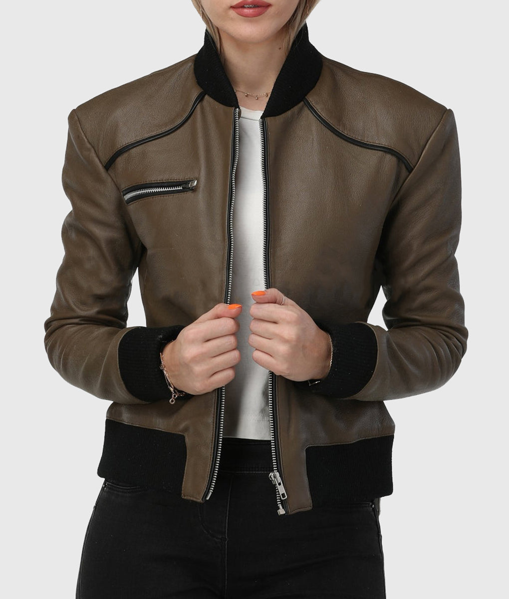 Betty-Womens-Brown-Bomber-Leather-Jacket-1 Ribbed Elegance Women Olive Bomber Leather Jacket in usa
