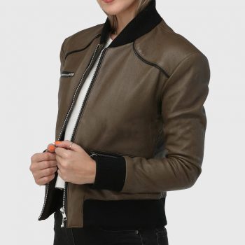 Elegance Women Olive Bomber Leather Jacket in usa