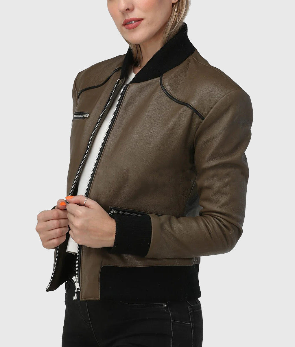 Betty-Womens-Brown-Bomber-Leather-Jacket-2 Elegance Women Olive Bomber Leather Jacket in usa