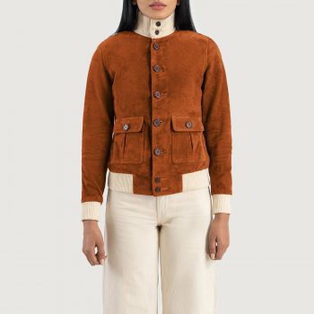 Front View Sasha A1 Brown Suede Bomber Jacket