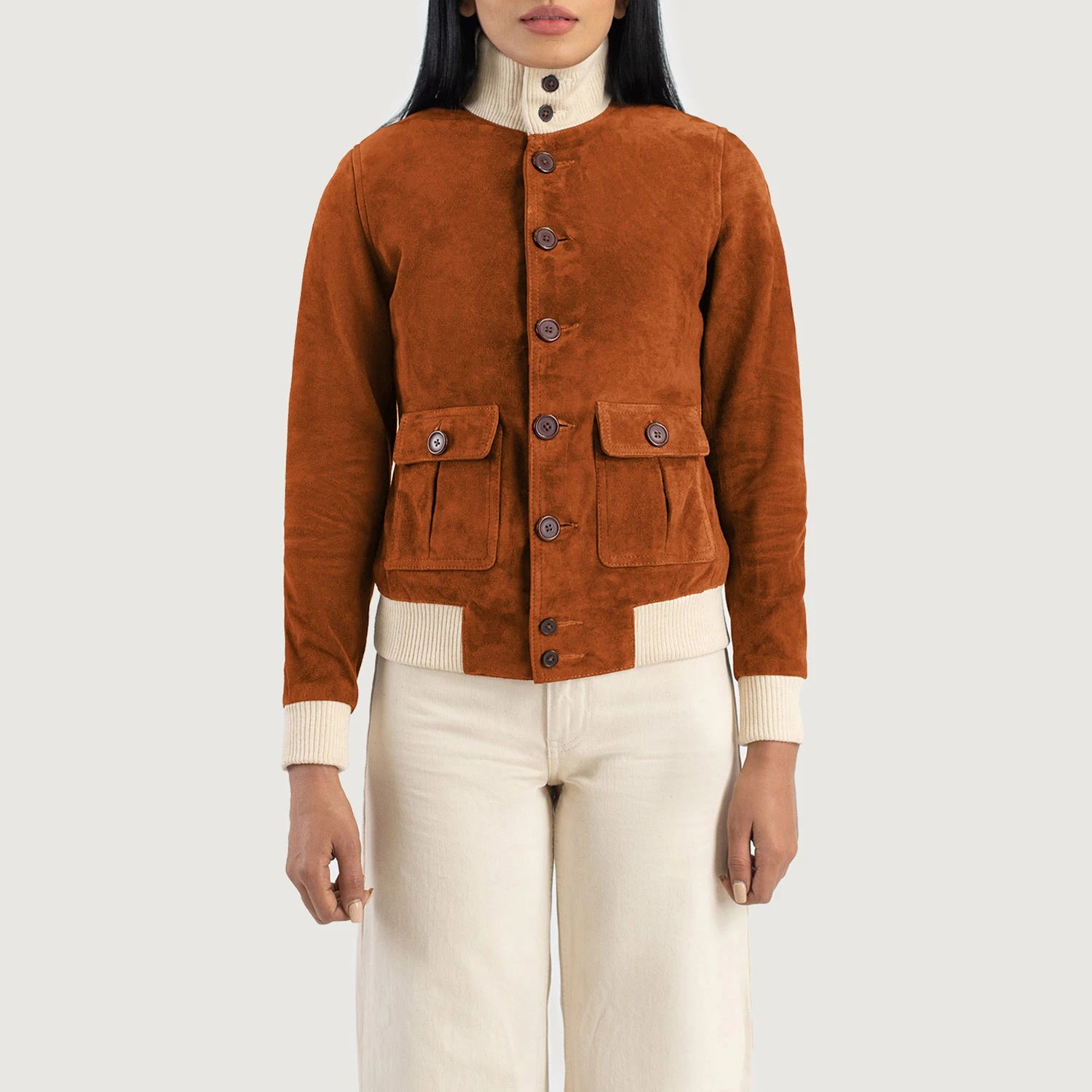 Women_Sasha_A1_Brown_Suede_Bomber_Jacket_Close_Front-5-1720090282389 Front View Sasha A1 Brown Suede Bomber Jacket