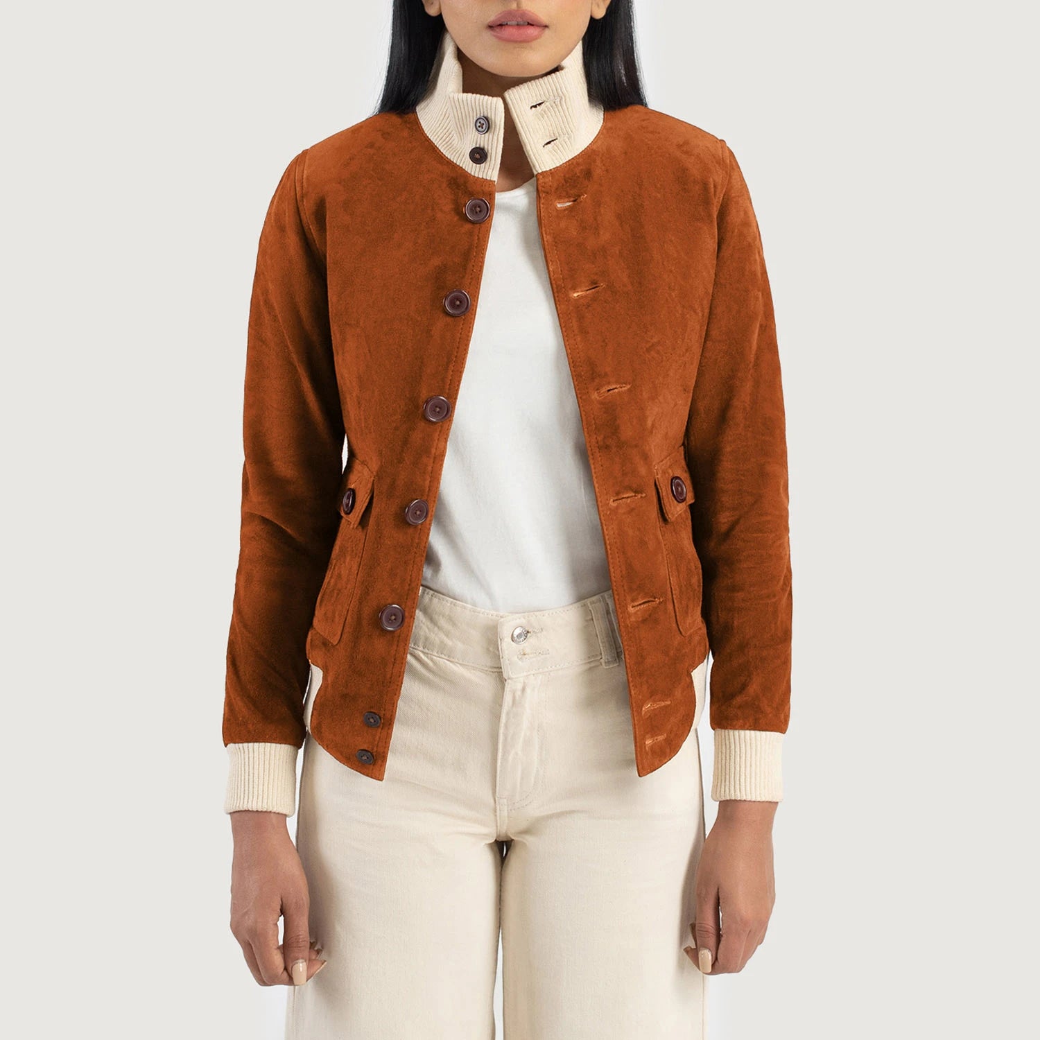 Women_Sasha_A1_Brown_Suede_Bomber_Jacket_Open_Front-4-1720090273646 Opened Zip View Sasha A1 Brown Suede Bomber Jacket