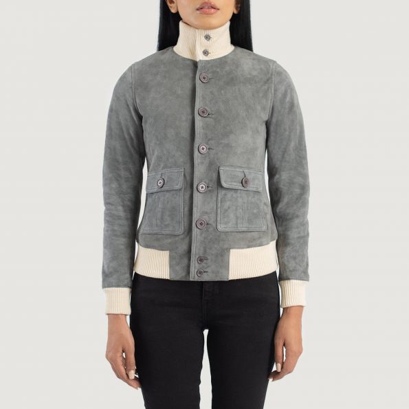 Women s Sasha A1 Grey Suede Bomber Jacket Close Front 5 1686935540278