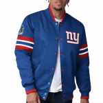 Blue varsity jacket with red and white accents featuring a logo on a white background in USA