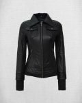 Black Leather Bomber Jacket with Hood for Women