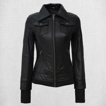 Black Leather Bomber Jacket with Hood for Women