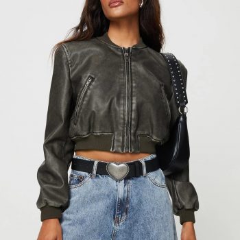 Chic Women's Charcoal Leather Jacket, Cropped Style  in France style