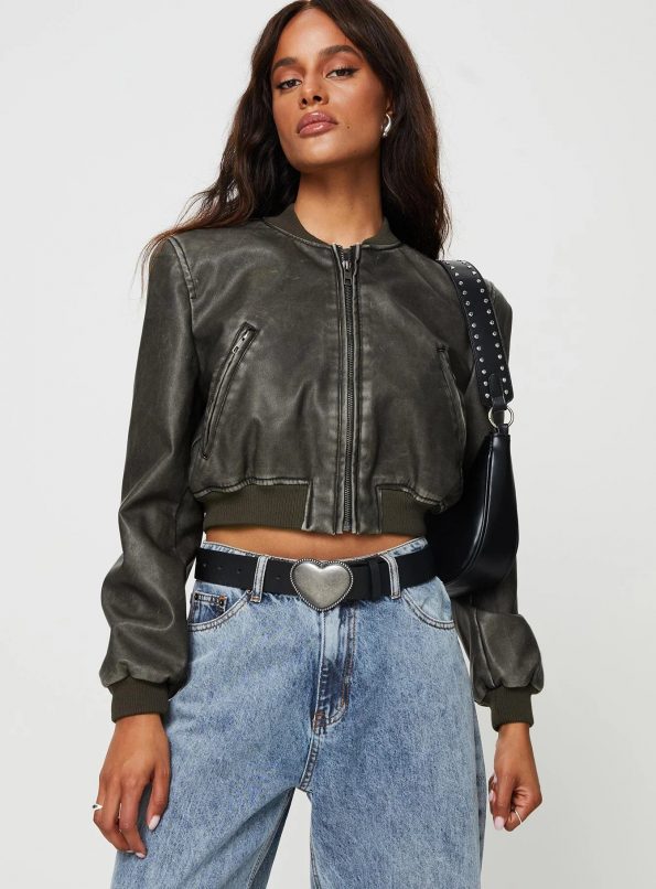 Chic Women's Charcoal Leather Jacket, Cropped Style  in France style