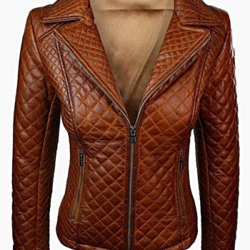Tan Brown Women Quilted Sheepskin Leather Jacket in USA