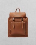 Tan leather backpack with buckle closure in American style