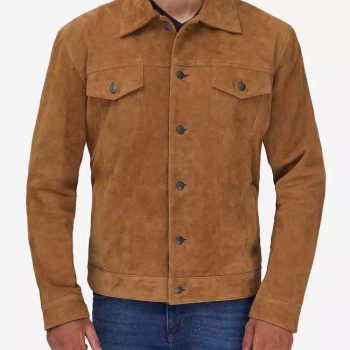 Men's classic tan leather jacket made from premium suede in USA