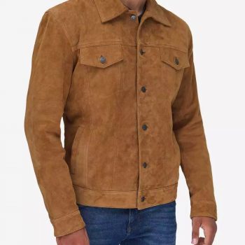 Sleek tan suede leather jacket with button-front closure in American Style