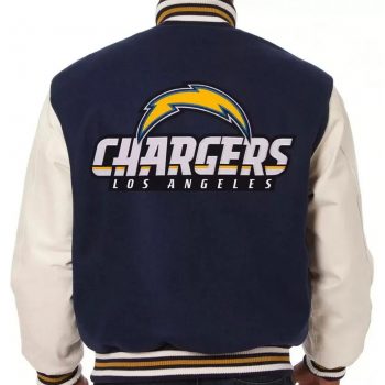 Varsity LA Chargers Navy Blue and White Wool Leather Jacket Front View in USA