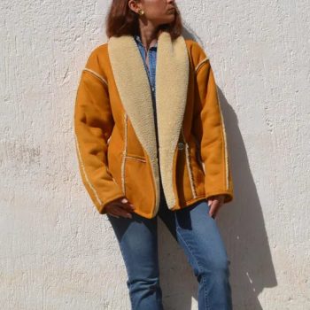 Vintage camel faux suede jacket with cream lining in USA