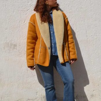 Double-faced faux suede coat in camel and cream in USA