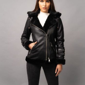 Shop Women Black Hooded Faux Shearling Leather Jacket