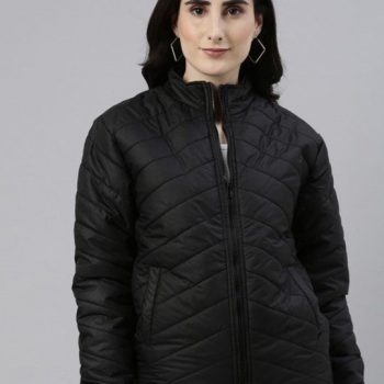 Women’s black windcheater quilted jacket with front zip closure in USA