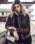 Shop Women Bomber Leather Jacket with Faux Fur Shearling