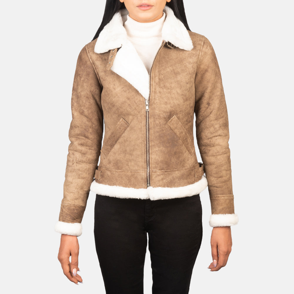 Women's brown leather aviator jacket in USA