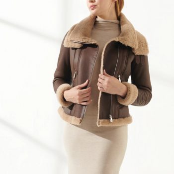 Shop Women cropped Faux Fur Shearling Bomber Brown Leather Jacket 