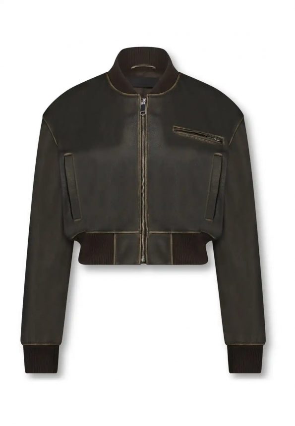 Distressed Cropped Brown Leather Jacket for Women