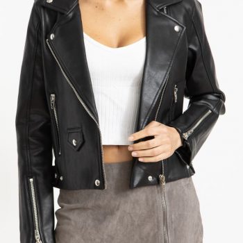 TJS Women's Black Hooded Leather Jacket
