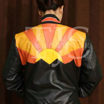 Bold sunrise-inspired leather jacket with orange and yellow sunburst design