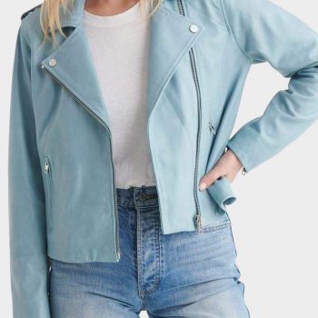 Light blue stylish leather jacket for women