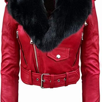 Detachable faux fur collar leather jacket for women
