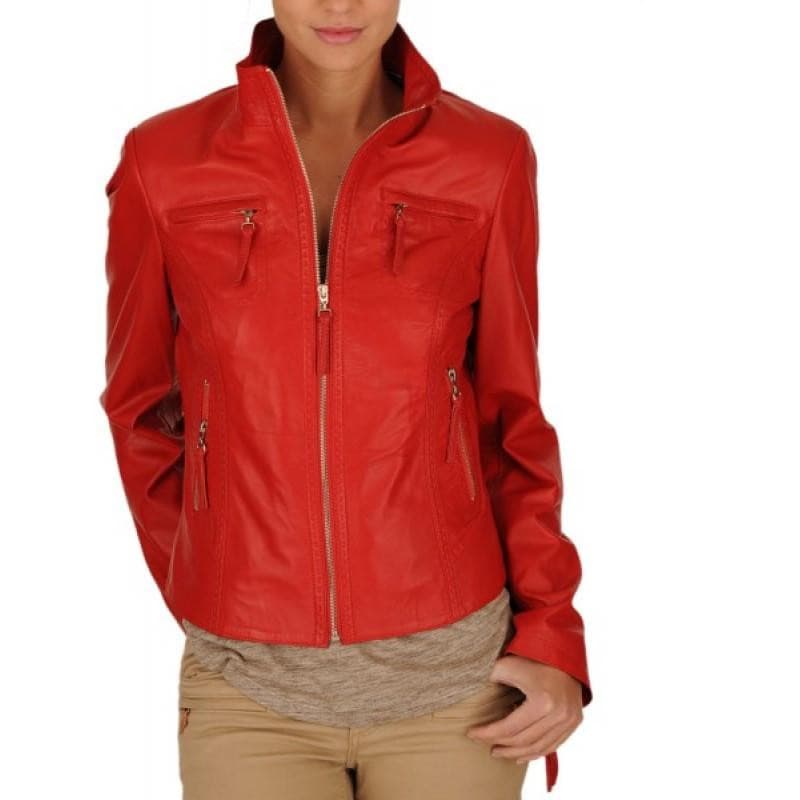 28 Red Motorcycle Ladies Leather Jacket for women in USA