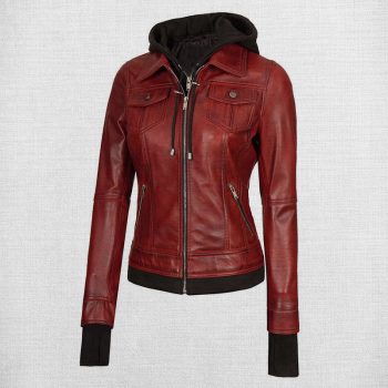Women Stunning Brown Leather Jacket with Hood in usa