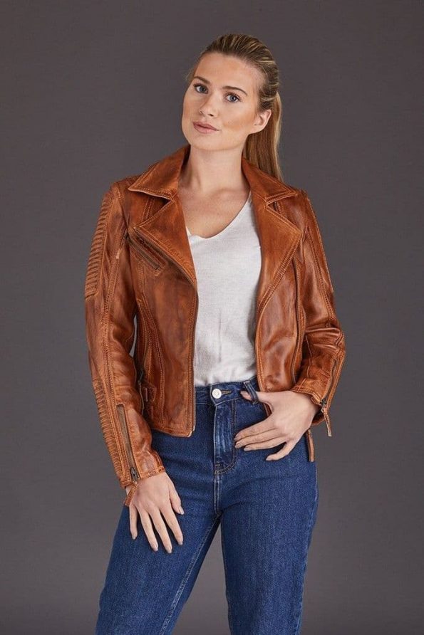 Chic Tan Leather Biker Jacket for Women