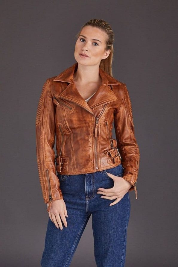 Stylish Women's Tan Motorcycle Jacket
