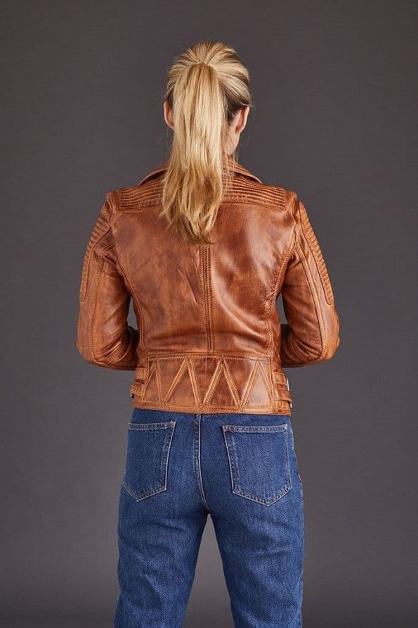 TJS Women's Fashionable Tan Leather Jacket
