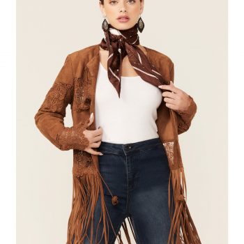 Women's crochet trim suede coat for a stylish look in USA