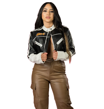 Stylish women's cropped biker jacket with moto design in American Style