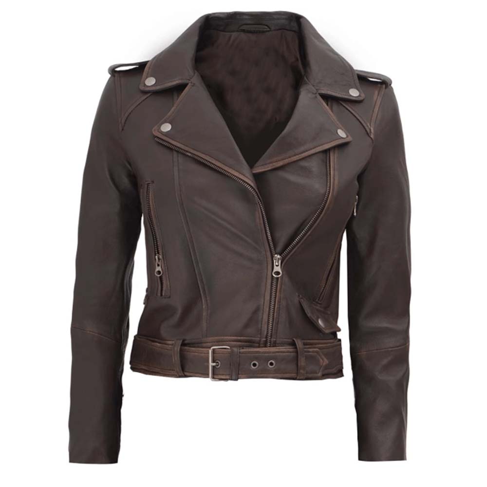 02_cbe6201d-7861-4479-94c7-a6ce2e368b56 Women's dark brown distressed cropped leather biker jacket in USA