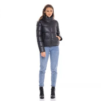 Stylish leather puffer jacket for women in United state market