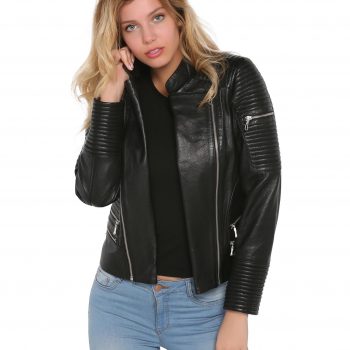 Women's black bomber jacket made from real leather in USA