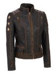 Women's vintage brown leather jacket with stars and stripes design in USA