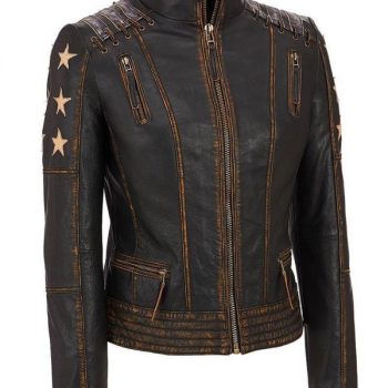 Women's vintage brown leather jacket with stars and stripes design in USA