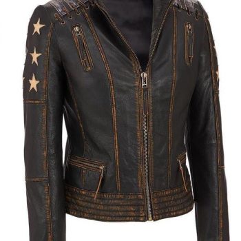 Stars and stripes brown leather jacket for women with a vintage look in United State Market