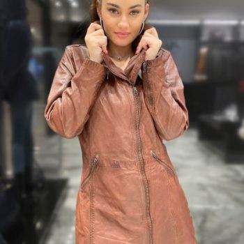 Women's stylish long leather coat with a sleek and elegant design in USA